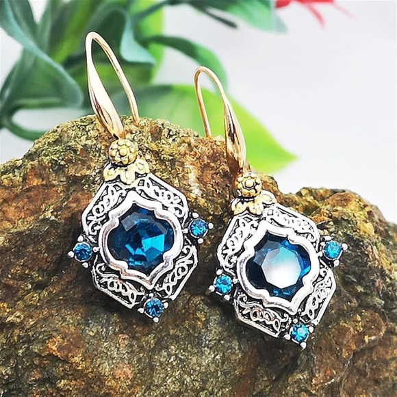 New Palace Jewelry - New Palace Blue Crystal Gold/Silver Tone Alloy Dangle Earrings Vintage Style
